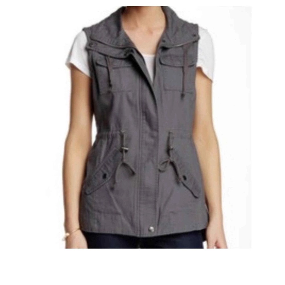 Sabby Women Utility Vest Charcoal Gray Military Cargo Drawstring Waist Sz M A10